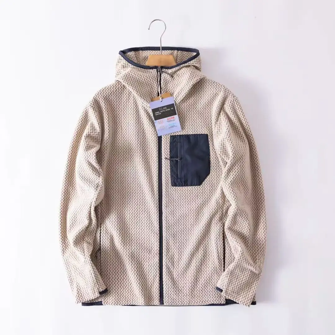 Outdoor Men and Women Grab Velvet Hooded Jacket Couple Autumn Wave Texture Coat Lightweight Warm Casual Hiking Travel Outerwear