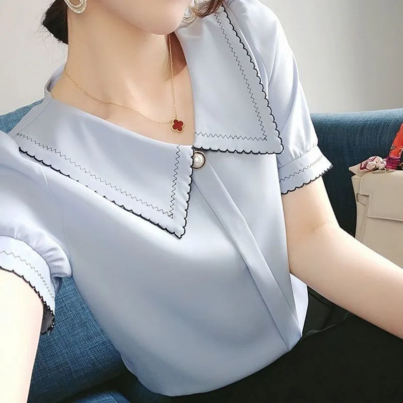 Blusa de verano de manga corta con cuello Peter Pan para mujer, camisa elegante de color liso que combina con todo, estilo coreano, 2022