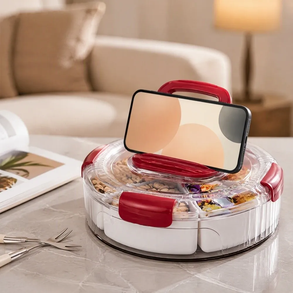 Sealed Rotating Serving Tray Compartmentalized Divided Snack Storage Box Transparent Lid Durable Rotating Fruit Tray