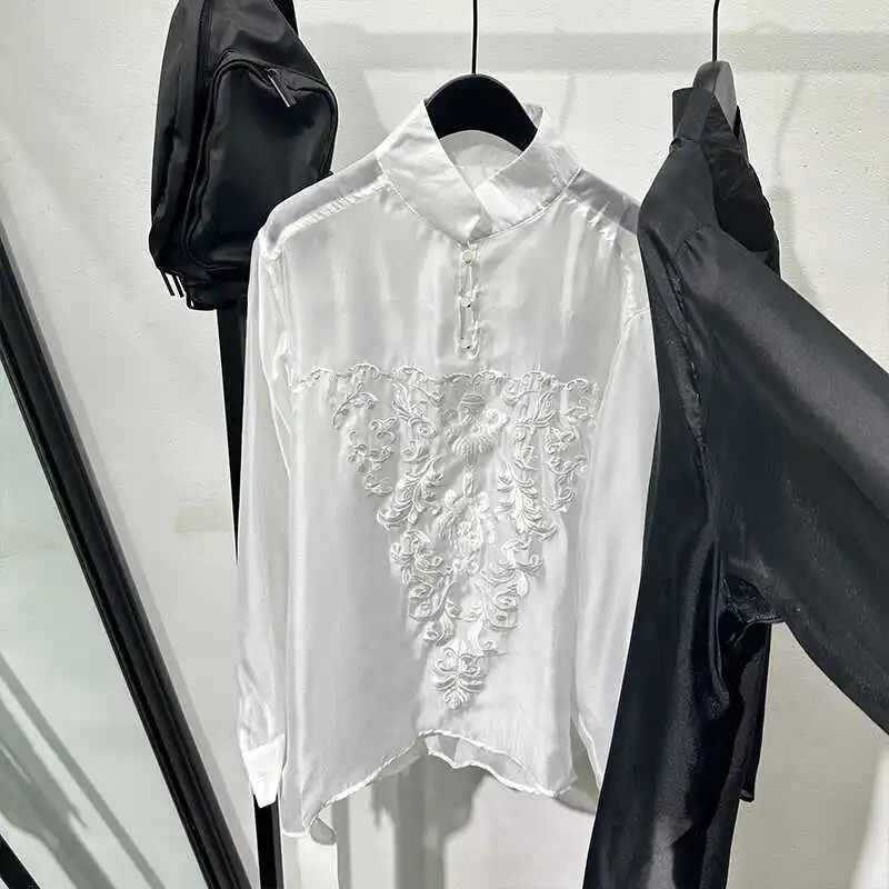 Popular Transparent Printed Black Shirt Men's Women's Design Sense Niche High Light Luxury Temperament Stand Collar