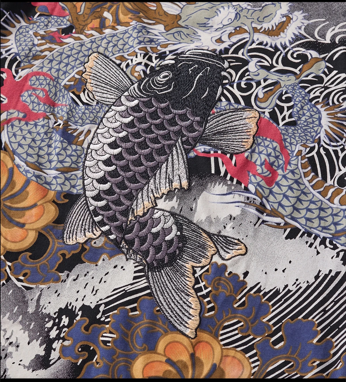 Male Personalized Cotton Tees Short-sleeve Round Neck Tops Men's 2025 Summer New Dragon Print Flower Fish Embroidery T-shirts
