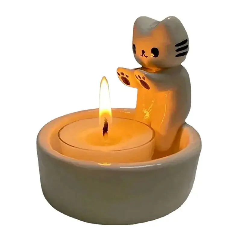 A56P-Cartoon Kitten Candle Holder, Cat Warming Its Paws Candle Holder,DIY Handmade Storage Box Holder,Home Decoration Easy Insta