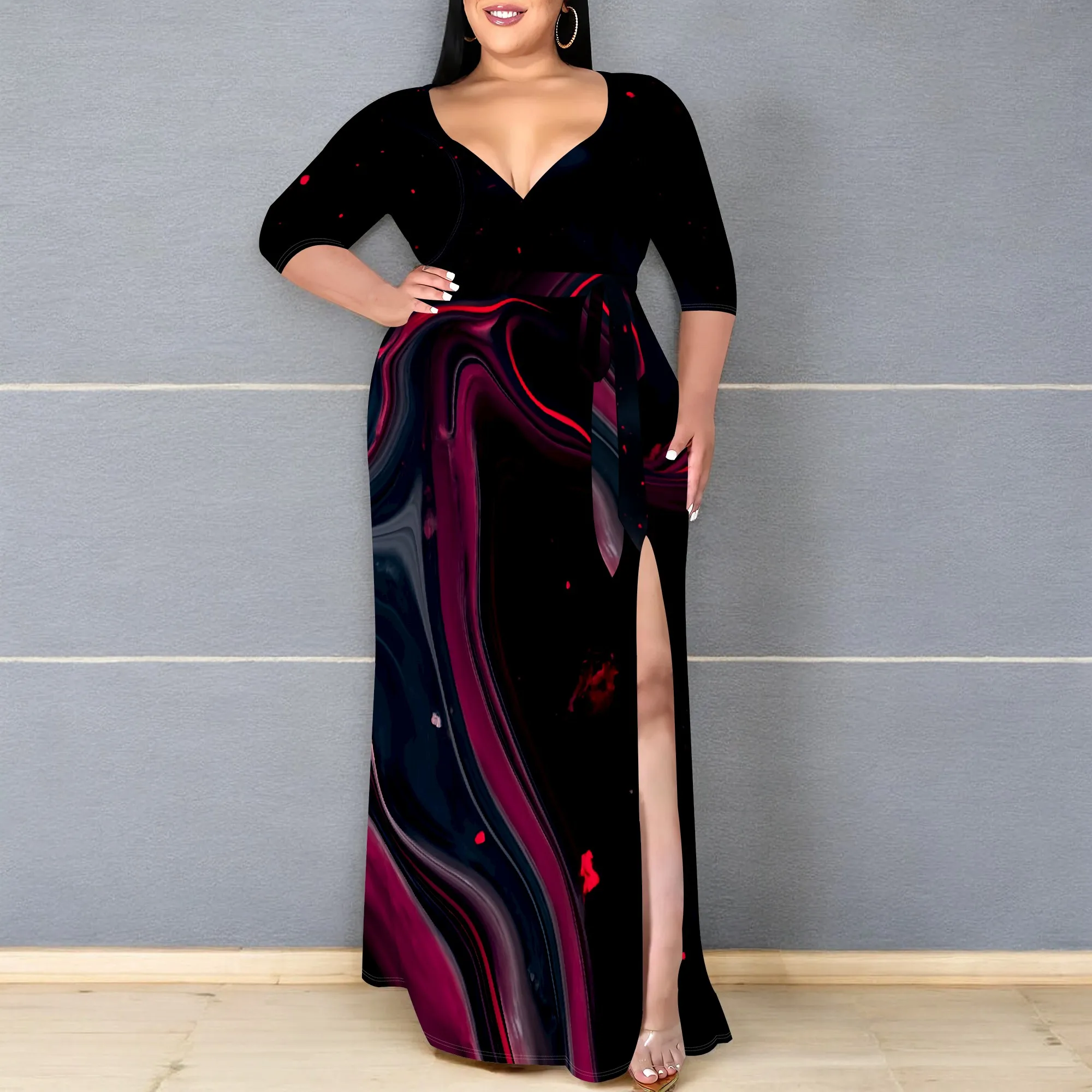 

Wine Marble Print Plus Size Dress XL-6XL Deep V-Neck Long Sleeve Belted Style with Slit for Holiday Dinner or Night Gala