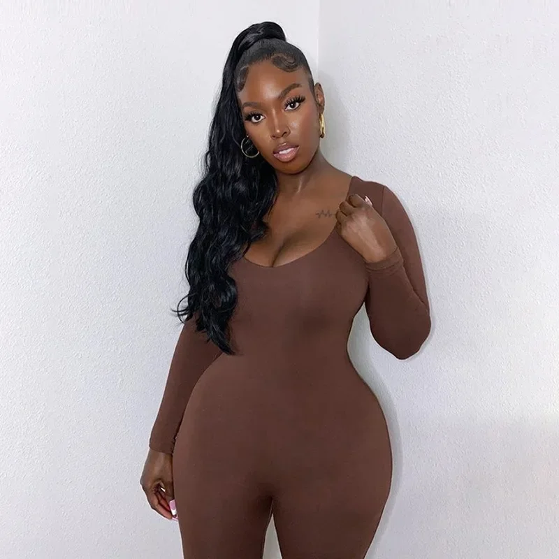 Spring And Summer Women's New Low-necked Tight-fitting Long-sleeved High-waisted Solid-color Sports And Fitness Jumpsuit