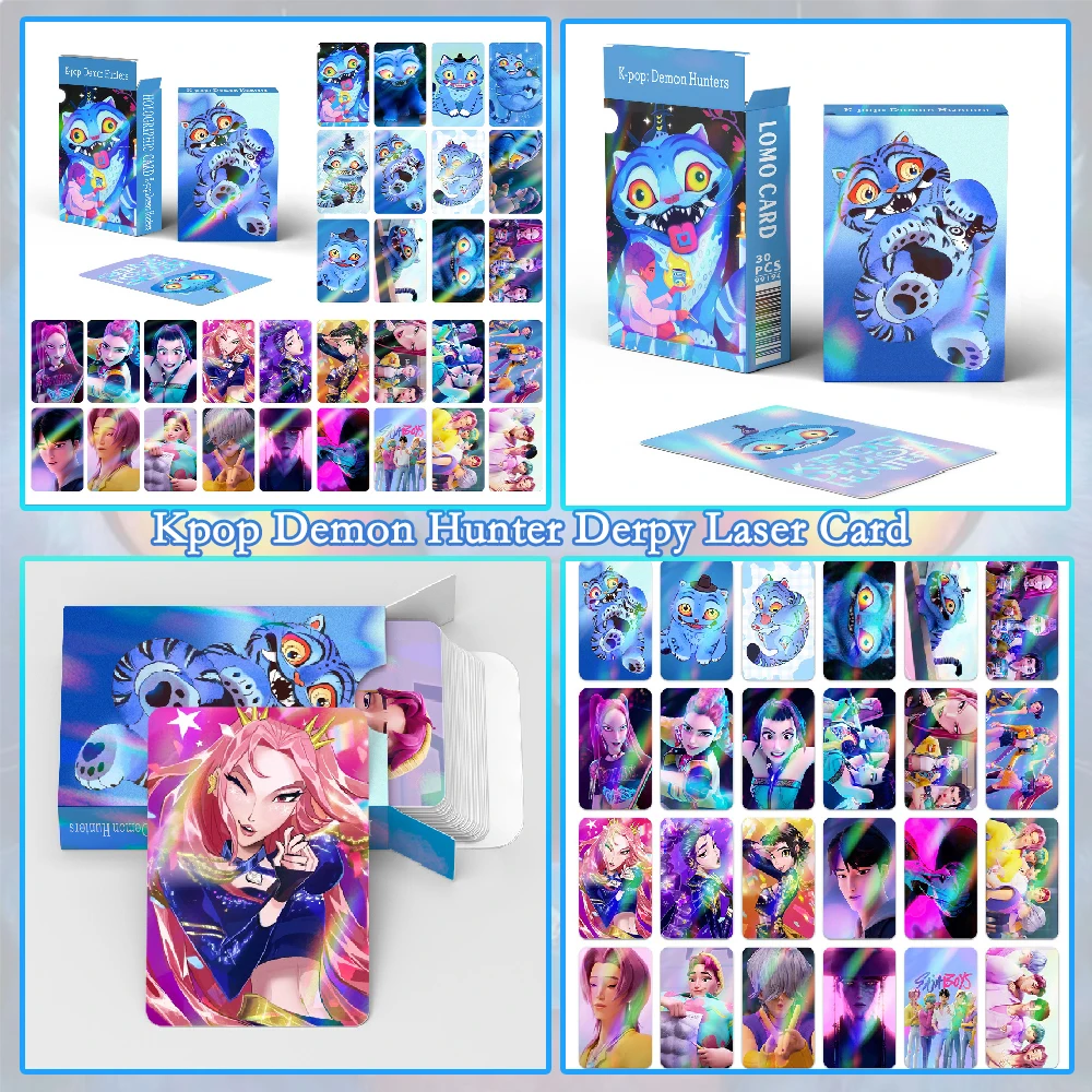 

K-pop Demon Hunter Derpy Tiger Лазерная карта Мультфильм Аниме Huntrix Saja Мальчики Девочки Периферийные ломо-карты Фанаты Мода Коллекционные подарки