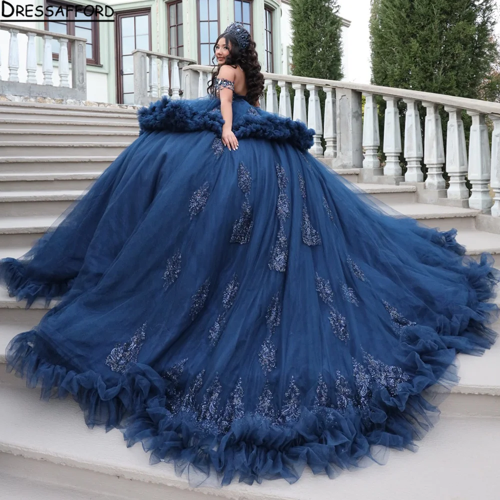 

Navy Blue Charro Quinceanera Dresses Ball Gown Off The Shoulder Tulle Flowers Puffy Mexican Sweet 16 Dresses 15 Anos Customized