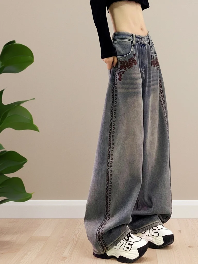 

Ele Embroidered High Waist Straight Leg Jeans Banana Pants Long Trousers for Women Spring Casual Faion plus Size