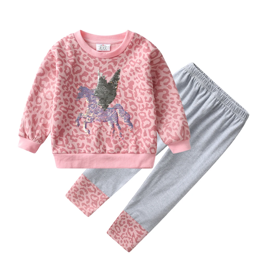 DXTON Children 2PCS Suit Kids Leggings Spring Autumn Cotton Girls Clothing Set Sequined Unicorn Toddler Casual Top&Trousers
