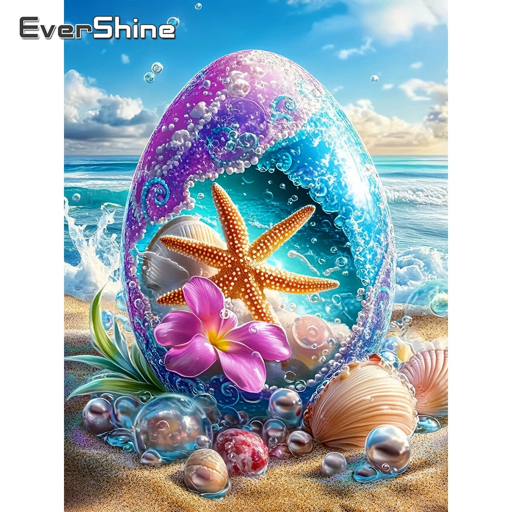 EverShine Diamant-Mosaik Landschaft am Meer Vollflächiges Druckbild Ei-Stickerei Seestern Strass-Bild Muschel Handgemachtes Geschenk
