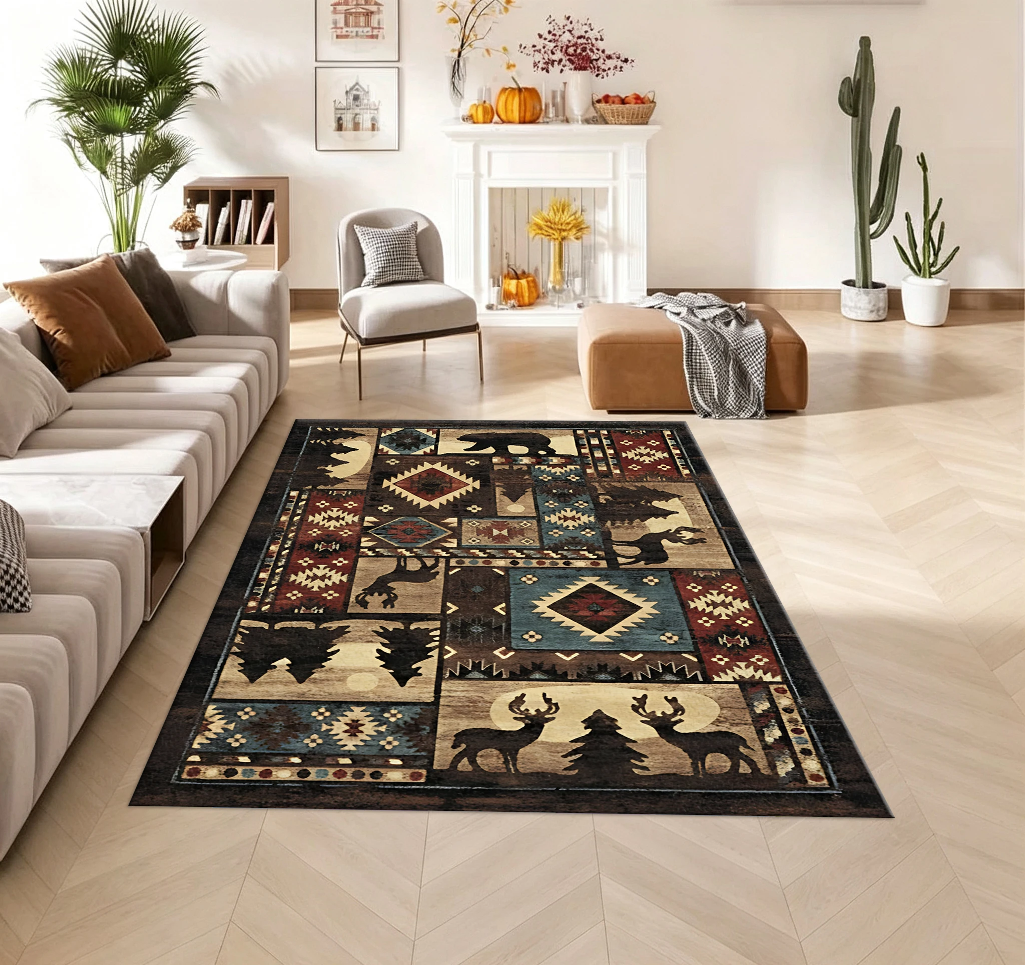 Autumn Forest Deer Herd Print Carpet Warm Autumn Scenery Floor Mat Living Room Home Decor Carpet