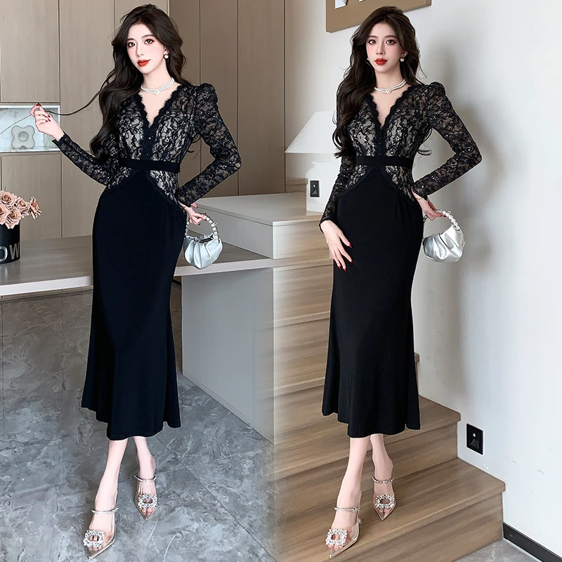 Elegant ฤดูใบไม้ร่วงภาษาฝรั่งเศสคําเลื่อมลูกไม้ Spliced Hollow Out Prom Party ชุดยาวผู้หญิง V คอยาวแขนยาว Mermaid Robe ชุด