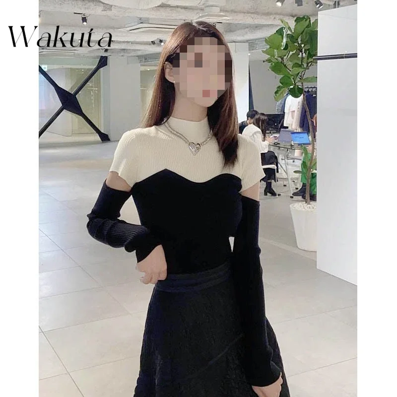 

WAKUTA Japanese Classic Autumn Round Neck Split Sleeve Knitted Sweater Retro Slim Fit Splicing Pullovers Fashion Commuter Hoodie