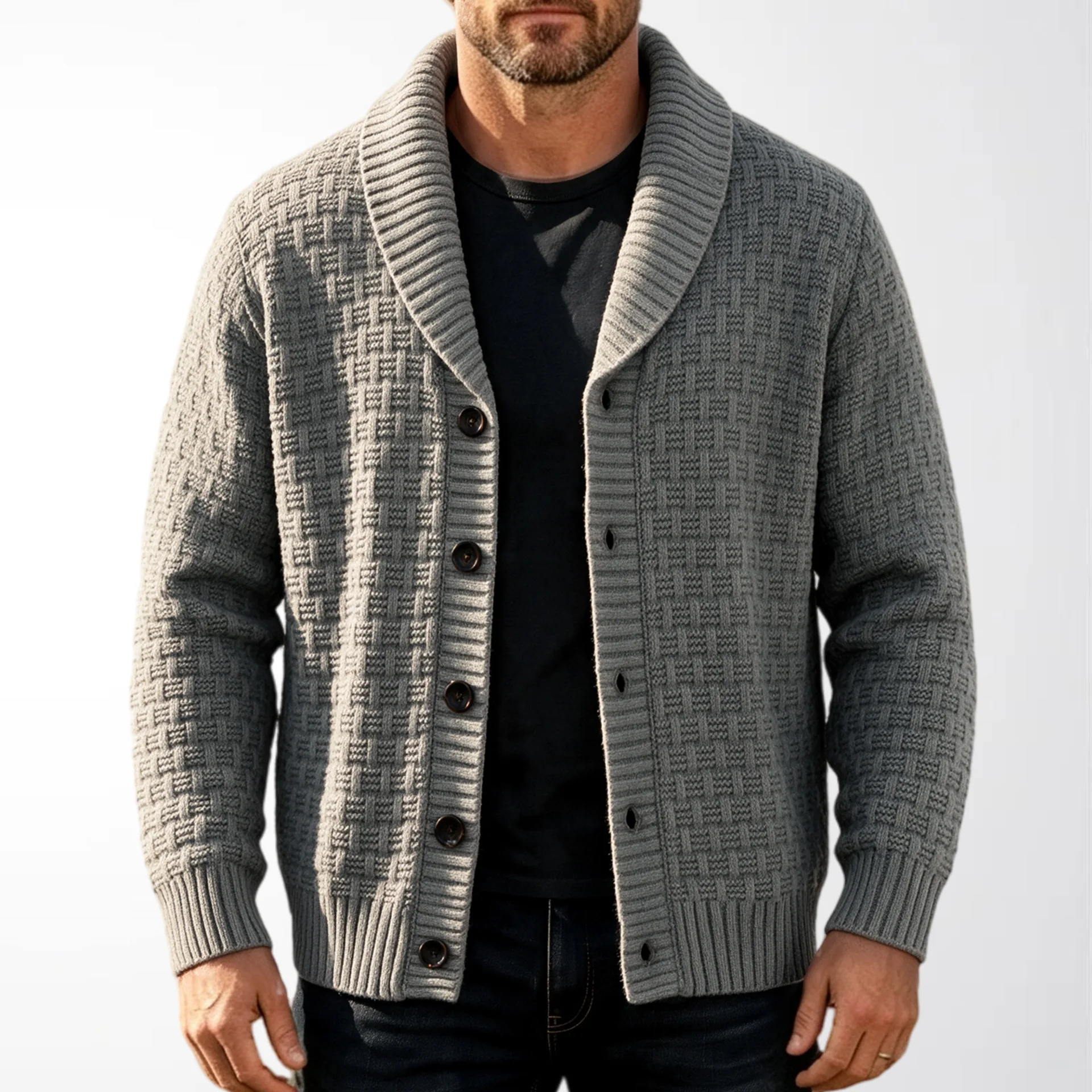 Men's fashion American style lapel single breasted knitted cardigan autumn and winter new item thick jacquard sweater jacket top
