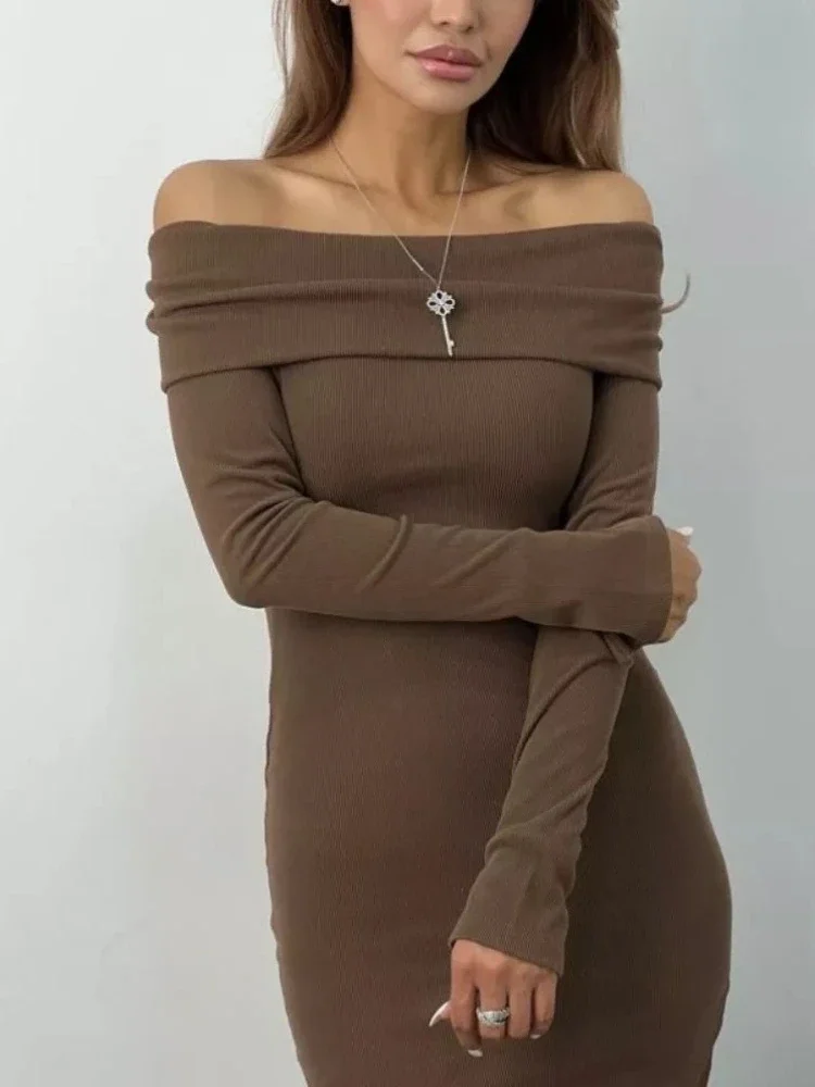 Autumn Women Women Off Shoulder Long Sleeved Dresses Elegant Bodycon Long Dress Elastic High Waist Slash Neck Women's Clothing
