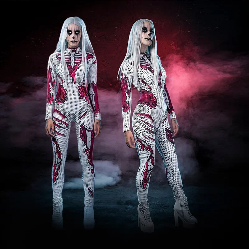 Halloween Rose Skeleton Cosplay Jumpsuit Women Sexy Scary Skull Ghost Specter Costume Girls 3D Human Print Bodysuit S-XL C38X33