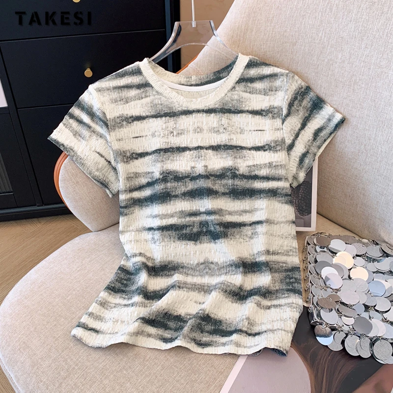 

2024 Summer Lady Casual Striped Tie DyeShort Sleeve Round Neck T-Shirts Women's Korean Fashion All-Match Basics Tees Tops