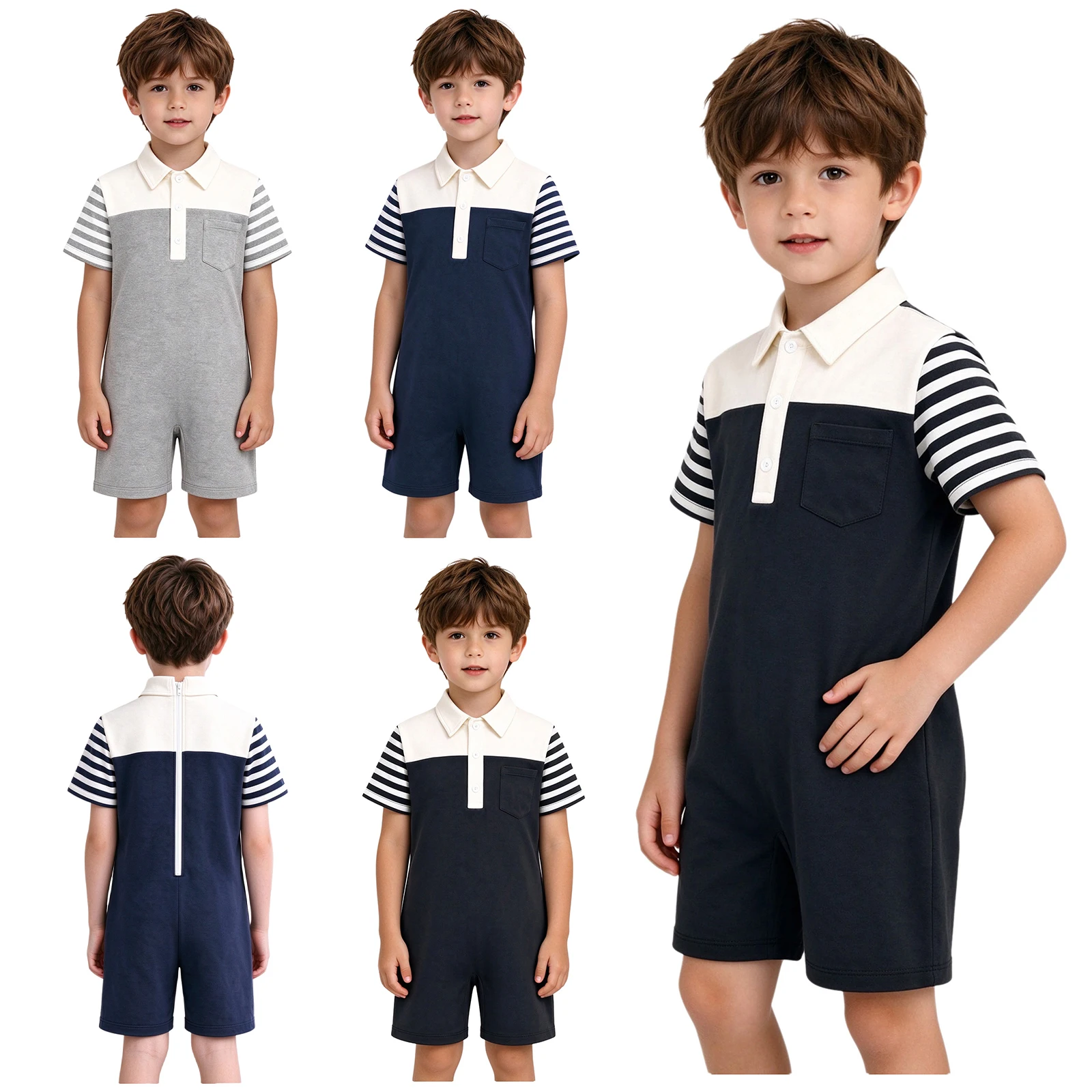 Boys Adaptive Jumpsuit Outdoor Colorblock Romper Lapel Button Romper Striped Short Sleeve Kids Summer Playsuit with Pocket