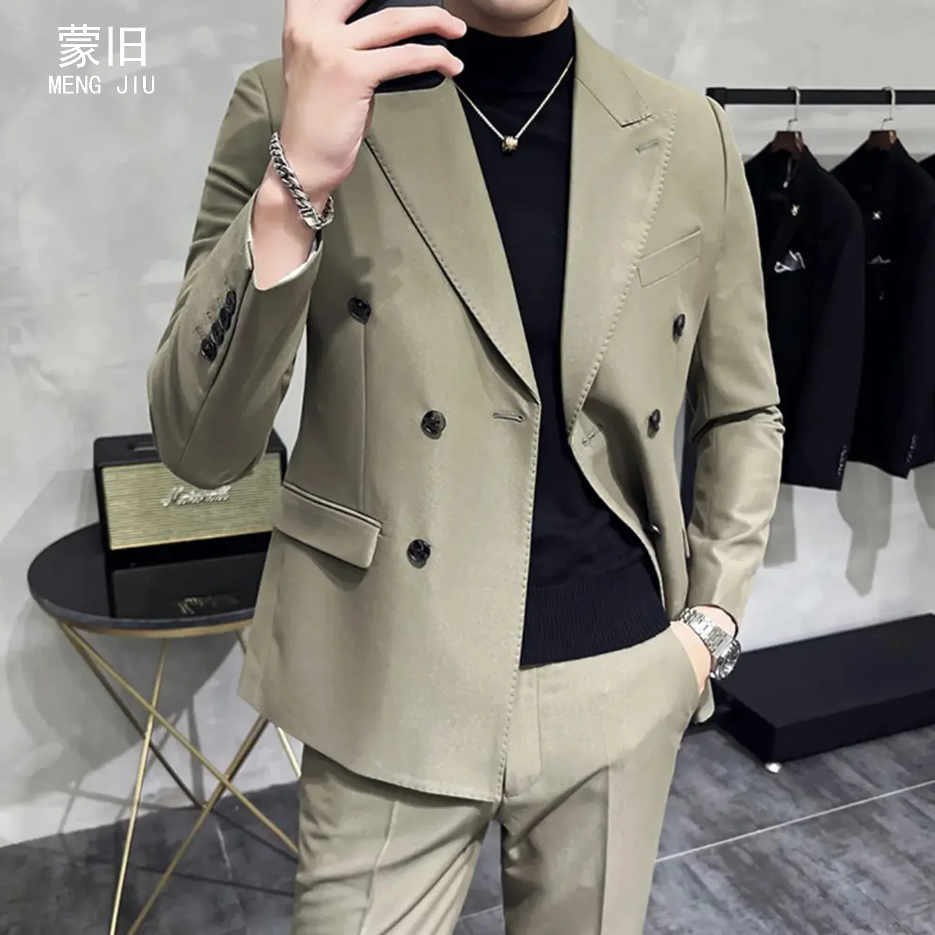 4-E14  Men\'s Double-breasted Suit Solid Color Fashion h-end Sense Bullheaded Suit BuCasual Korean Cross-border Wholesale