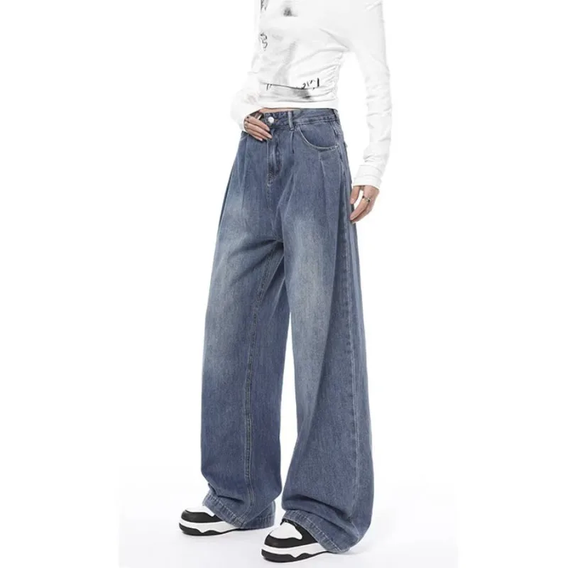 

High-waisted Vintage 2023 New Fashion Jeans Blue Wide-legged Korean-style Streetwear Trousers Women's Aesthetic Denim Trousers