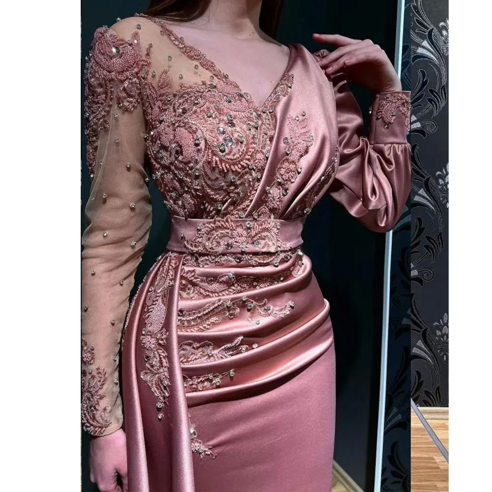 Abiti da sera Vintage a sirena rosa con scollo a v maniche lunghe Appliques al pavimento perline abiti da festa per occasioni formali abito madre