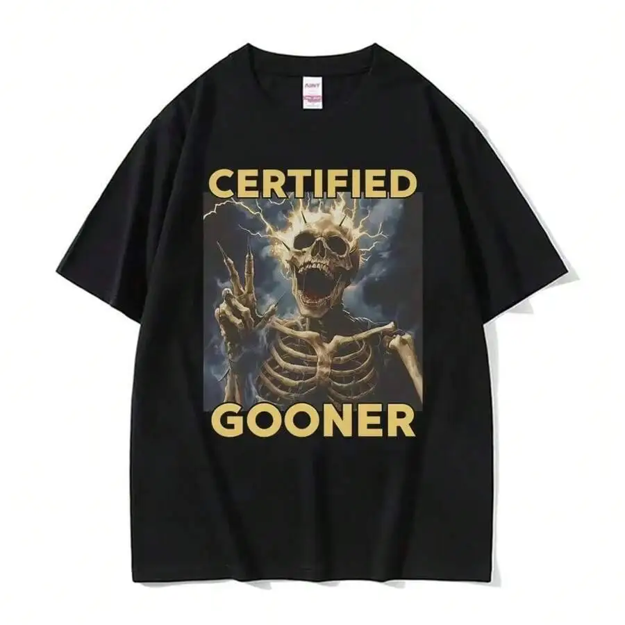 Fun Graphic T-Shirt With The Certified Gooner Skeleton Retro Gothic Humor Short-Sleeve T-Shirt.  100% Cotton Trendy Y2K Short-Sleeve Tee-Soft, Quick-Drying, Moisture-Wicking; Ideal for Sports or Casual Wear; Great Gift for Christmas or Halloween.