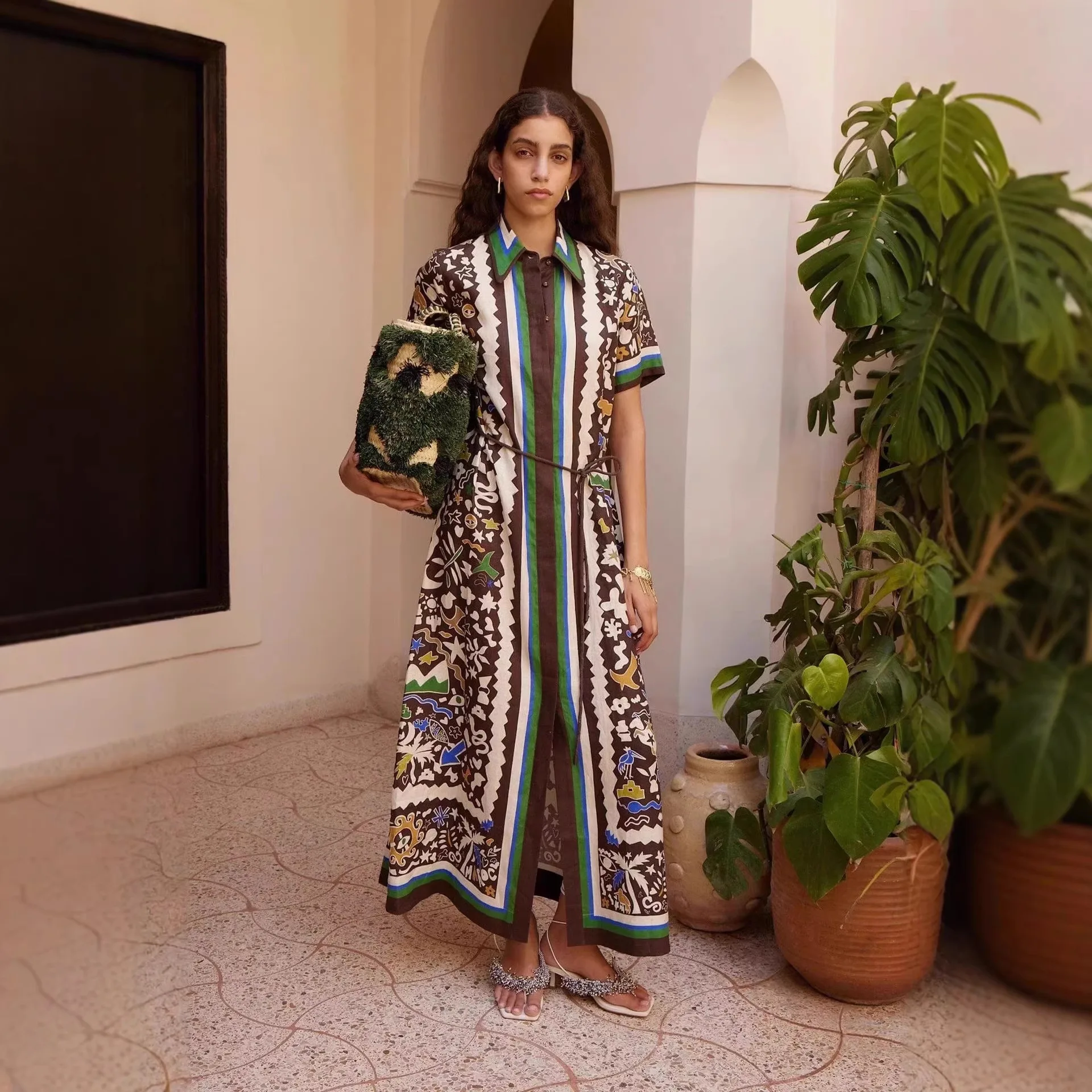 

2026 New Stylish Graffiti Print Linen Shirt Dress