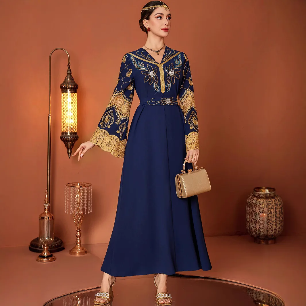 Turkey Muslim Fashion Women Embroidered Elegant Nacy Long Sleeve Sparkly Ankle Length Dresses Female Casual Trendy Daily Clothes