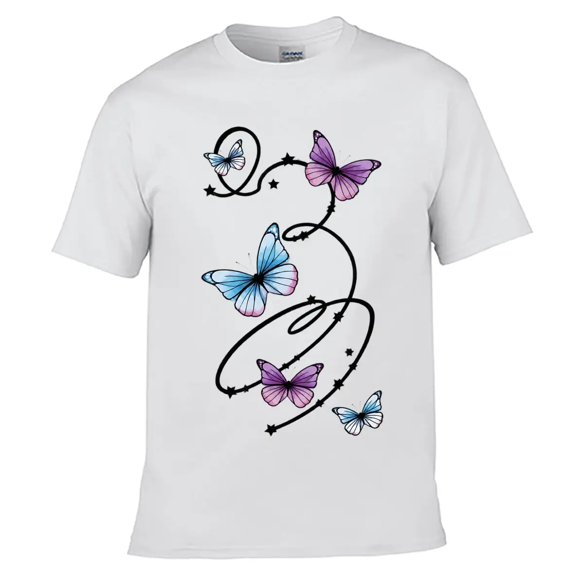 Purple Blue Watercolor Butterflies Black Swirl Stars Men Summer Washed Tee Loose Distressed Top