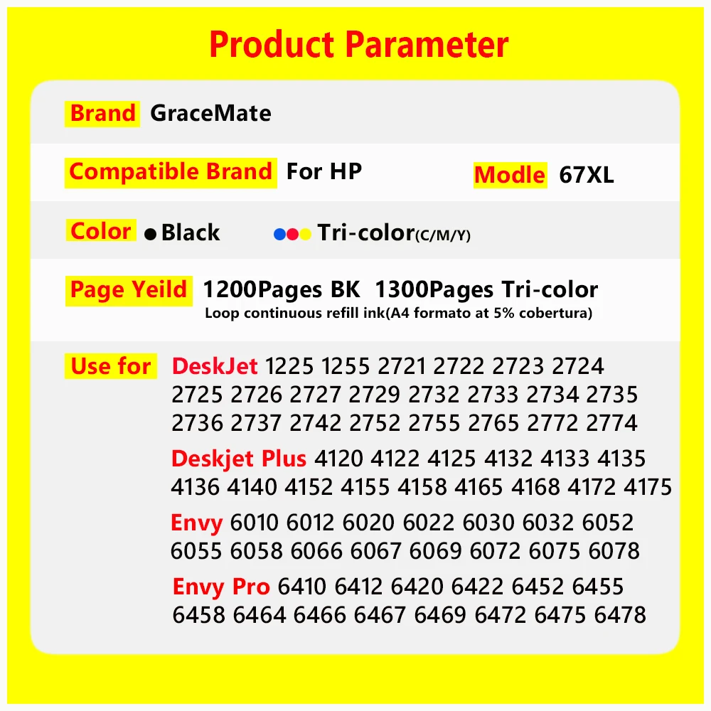 67XL Refillable Ciss Replacement for HP 67 hp67 Ink Cartridge for HP Envy 4140 4152 4155 4158 1225 2732 2752 1225 2774 6052 6055