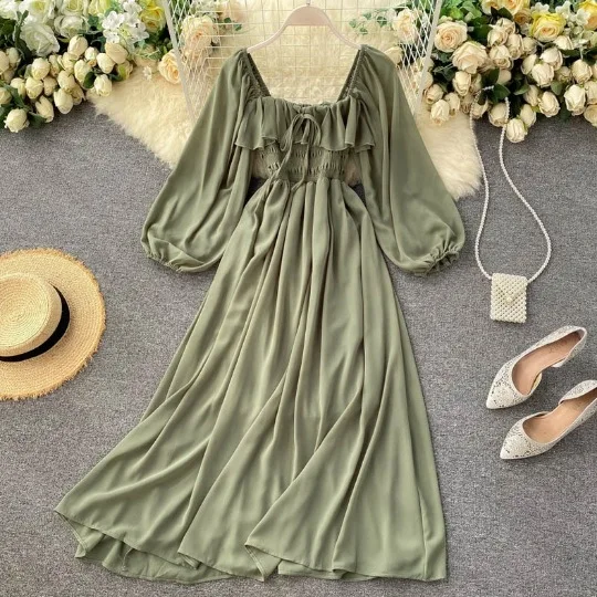 Women's Chiffon Solid Midi Dress Elegant Spring Autumn New Style Square Neck Puff Sleeve French Retro Dresses For Women Green