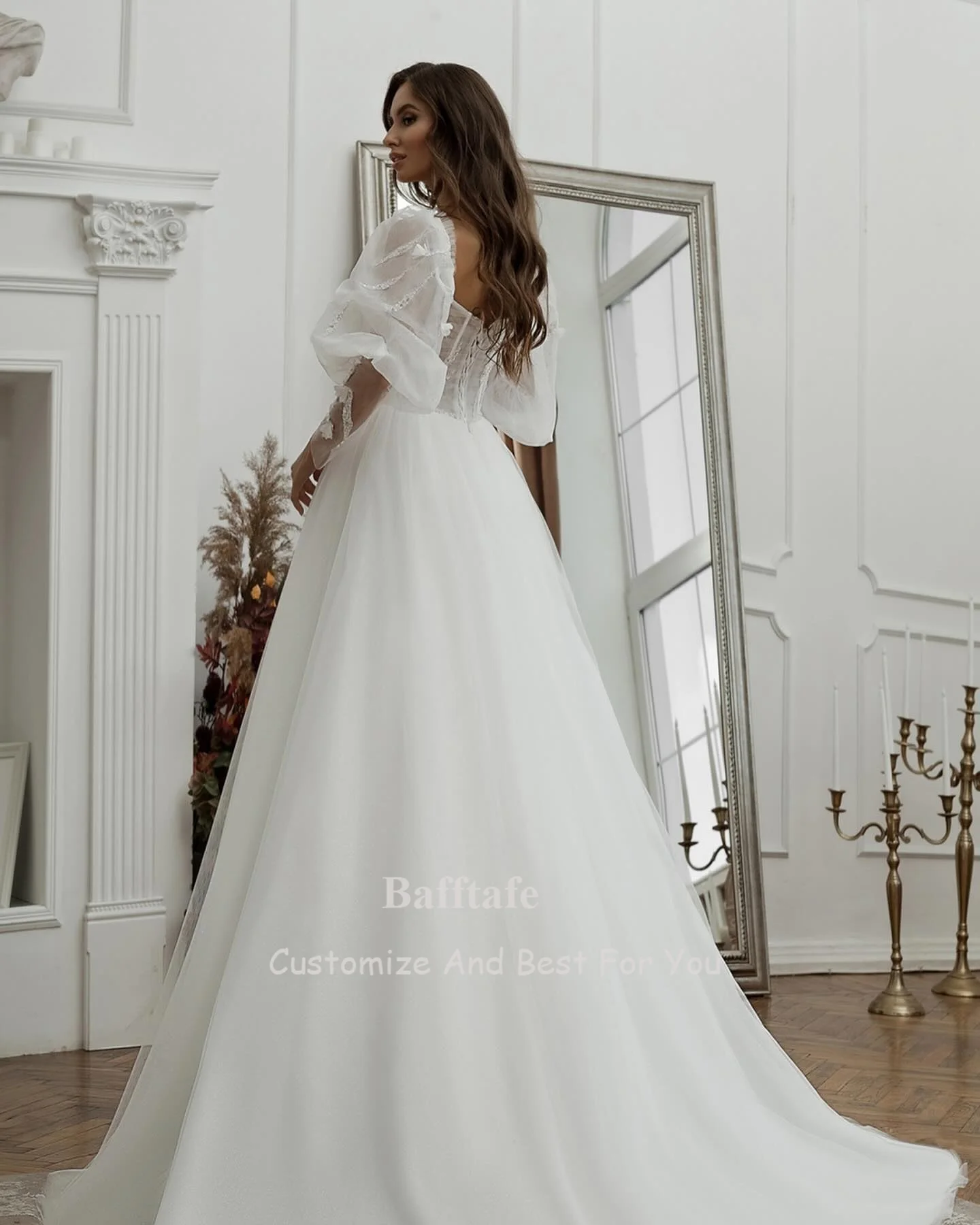 Bafftafe Long Sleeves Tulle Boho Wedding Dresses For Bride Sequines Flowers Lace Up Corset Wedding Gowns Formal Party Dress 2024