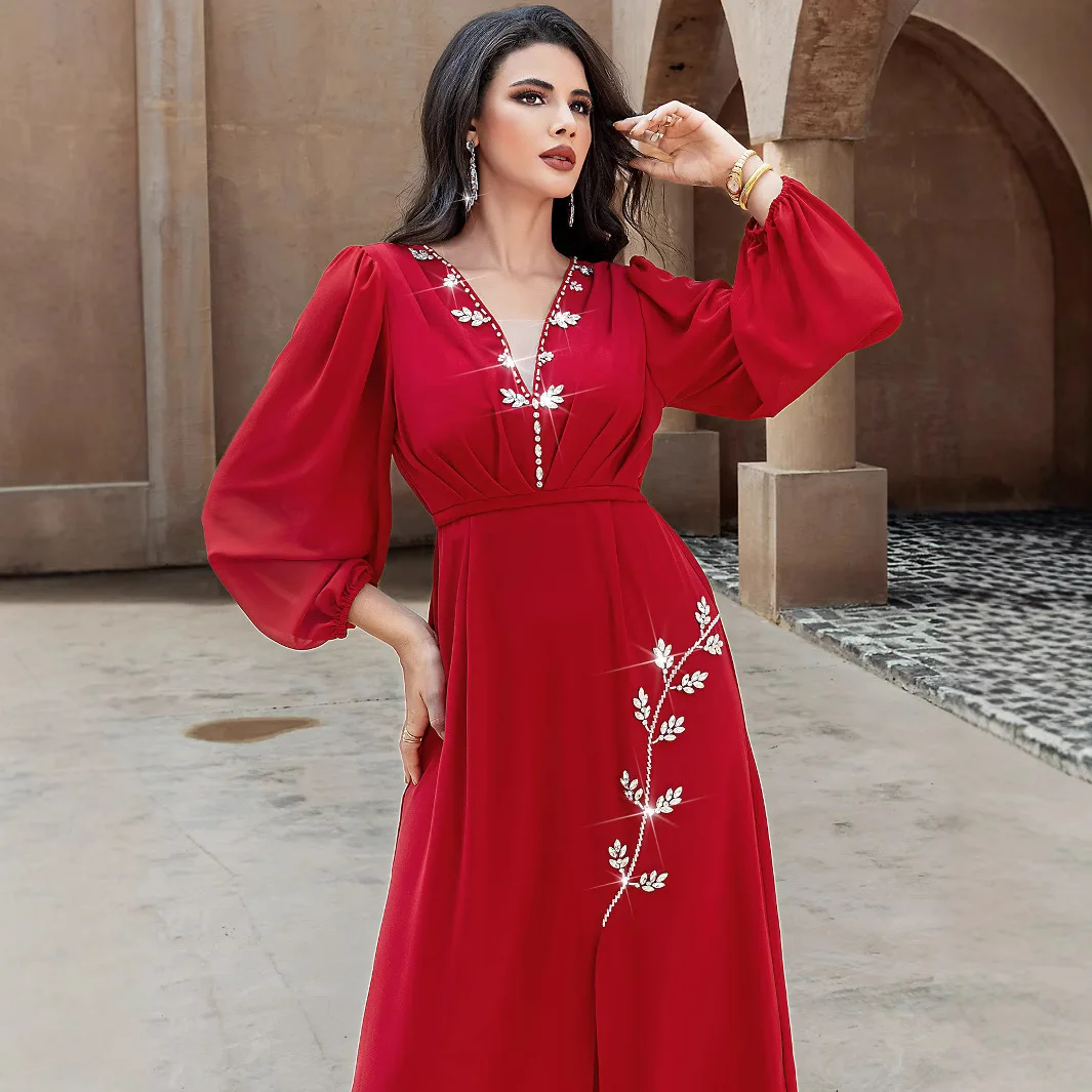 

Hot Seller Fashion Women's Red Solid Color Diamond Studded Elegant Luxury Casual Trendy V-neck Long Sleeve Dress Female Clothes