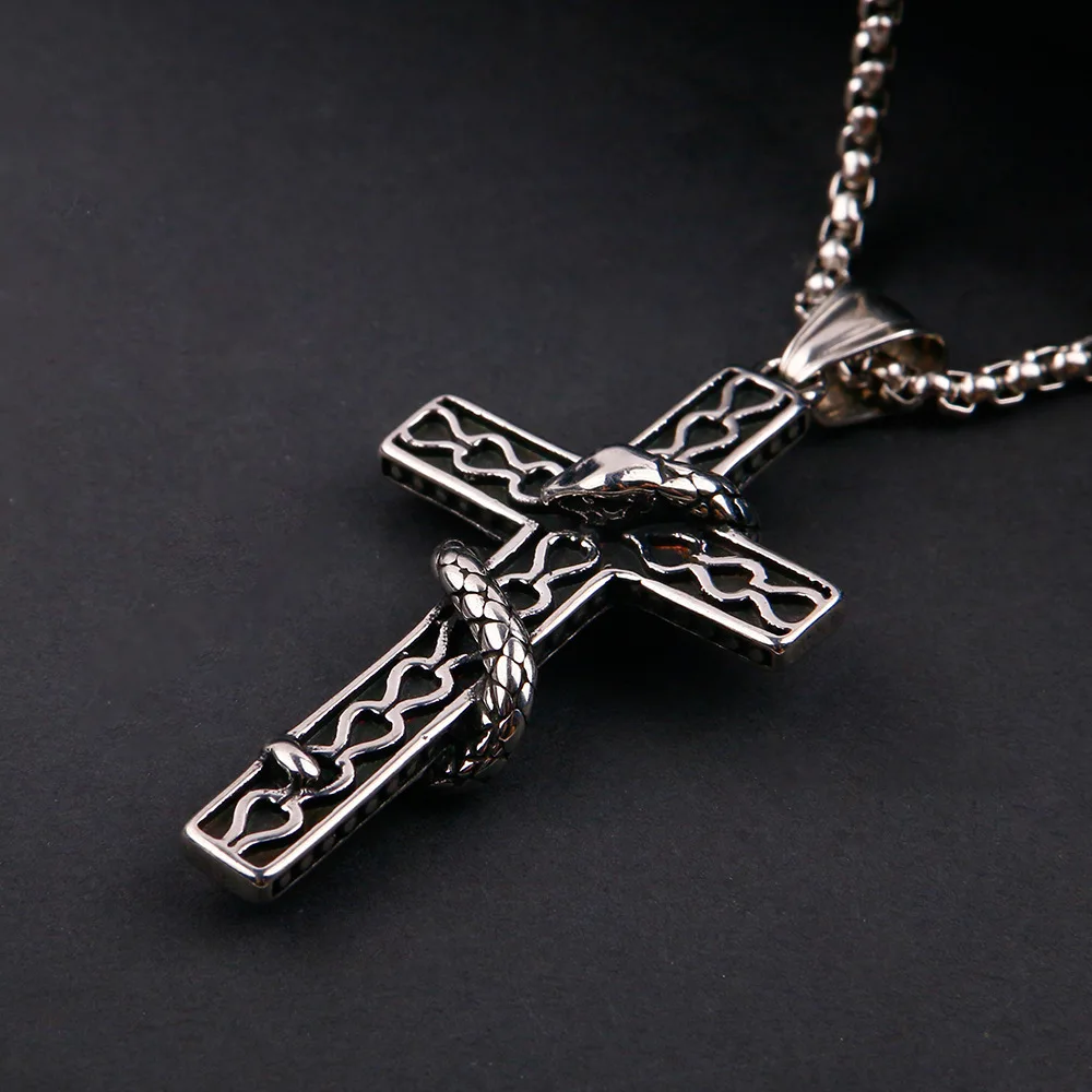 Vintage Design Cross With Snake Pendant Punk Rock Cross Neck