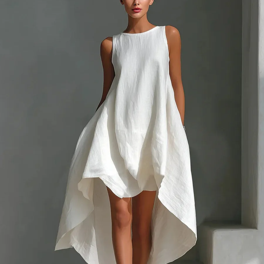 

Women's Elegant Solid Maxi Dress O-Neck Sleeveless Irregular Loose Fit Big Hem with Pocket Casual Summer Holiday Party