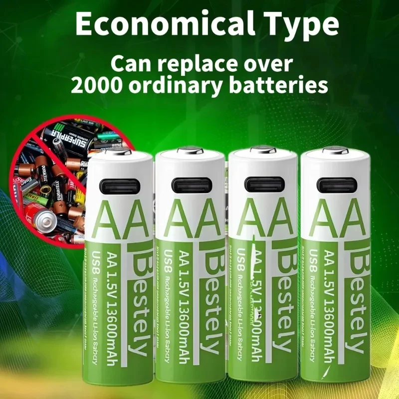 Bestely nova bateria de lítio recarregável aa 1.5v 13600mah usb tipo-c aa baterias de íon-lítio para controle remoto brinquedo de fechadura de porta inteligente