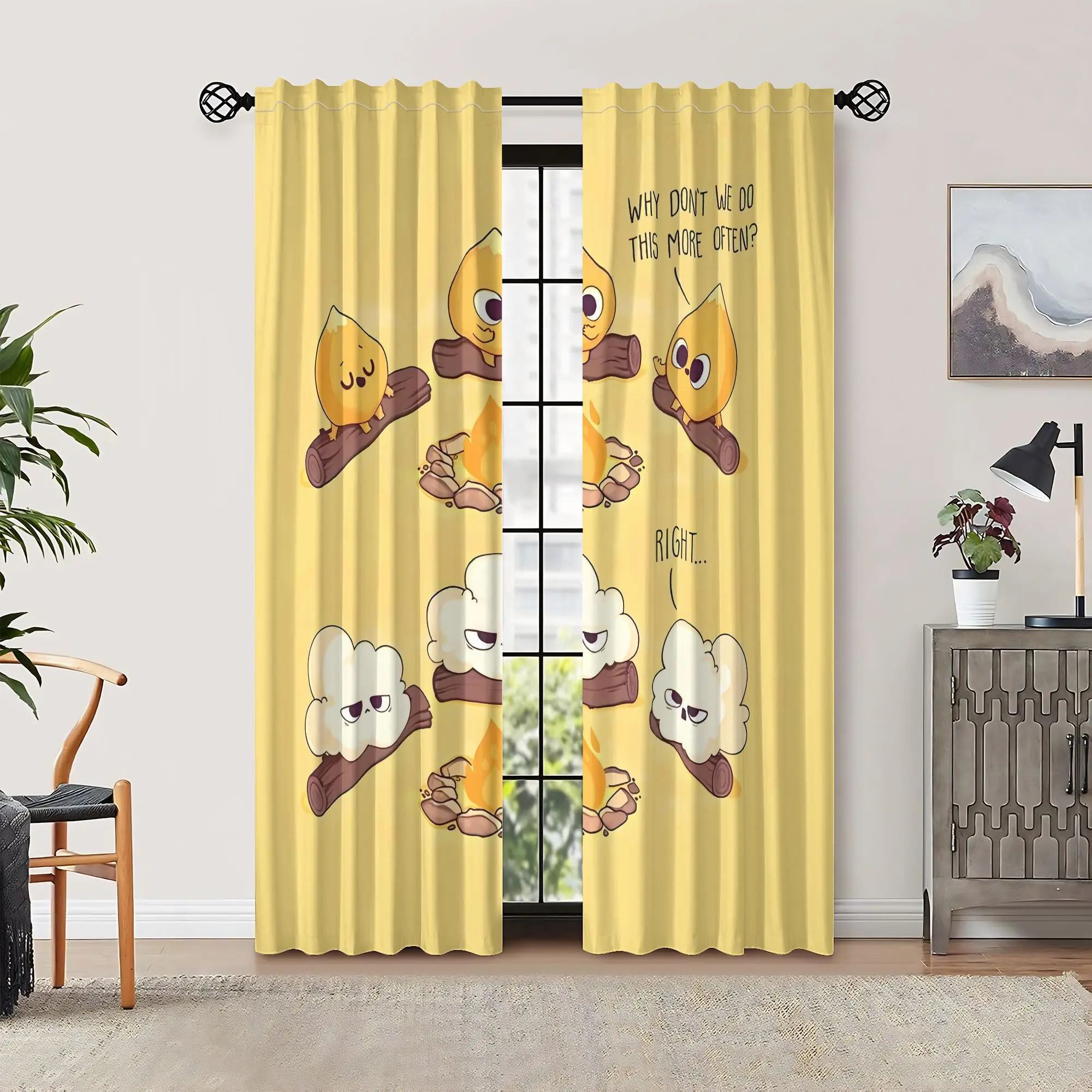 2PCS Digital Print Curtains, Flame Popcorn, Funky Retro