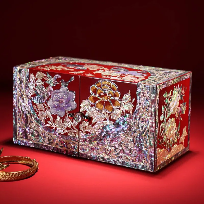 Chinese Antique Wood Lacquer Jewelry Box Heritage Shell Inlay Storage Case High End Wedding Gift for Bride