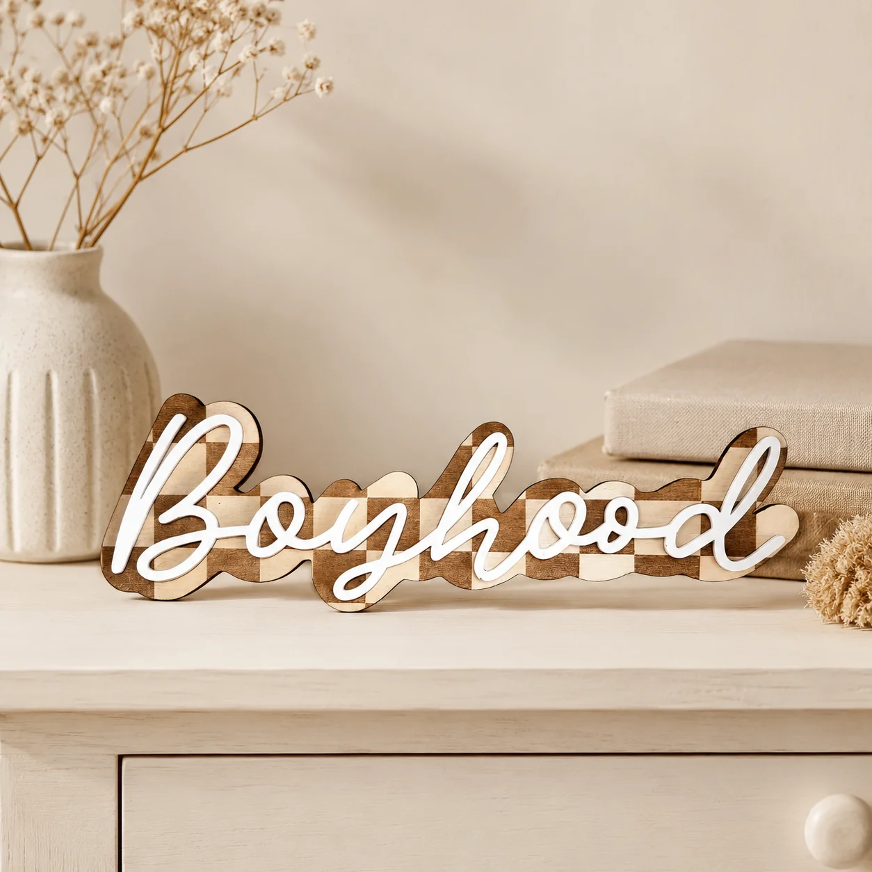 Personalized Checkered Wooden Name Plaque,Wall Decor, Custom Nursery Wall Hanging Sign, Baby Boy Bedroom Wall Art, Newborn Gift