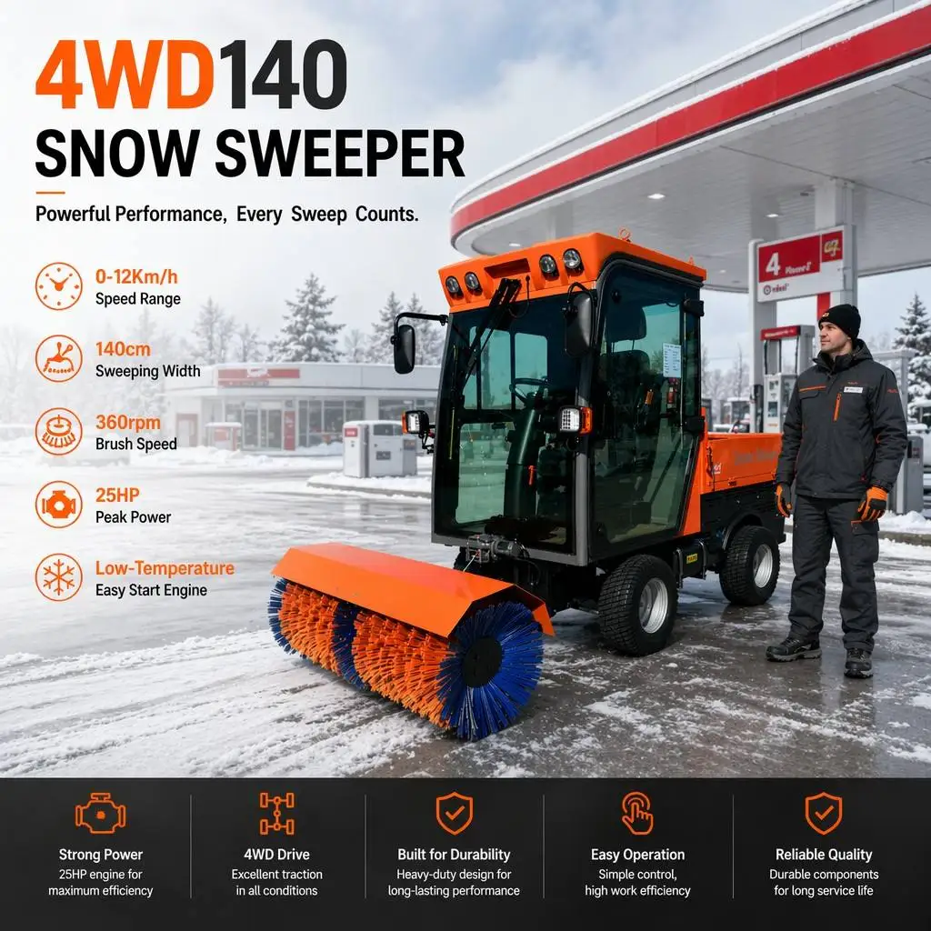Industrial Grade 1400mm Brush Width Snow Sweeper with 25HP Twin-cylinder Engine and Heated Enclosed Cabin Winter Service