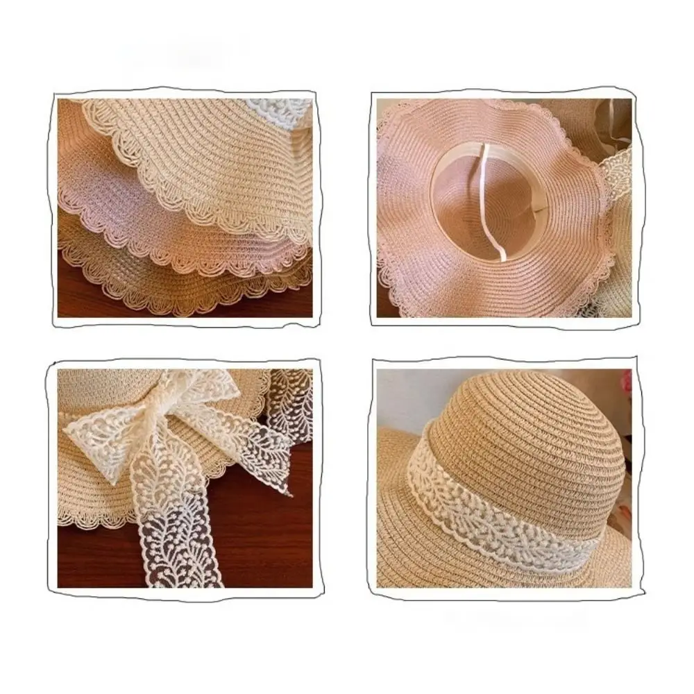 หวานขนาดใหญ่ Brim หมวกฟาง Breathable Sunshade หมวกลูกไม้หมวกชายหาดพับได้ผู้หญิง