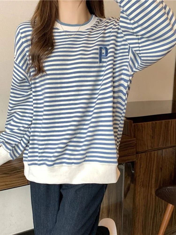 Zoki Casual Korean Loose Striped Sweatshirt Women Fashion Letter Embroidery Long Sleeve O Neck T Shirt Sweet Preppy Style Tops