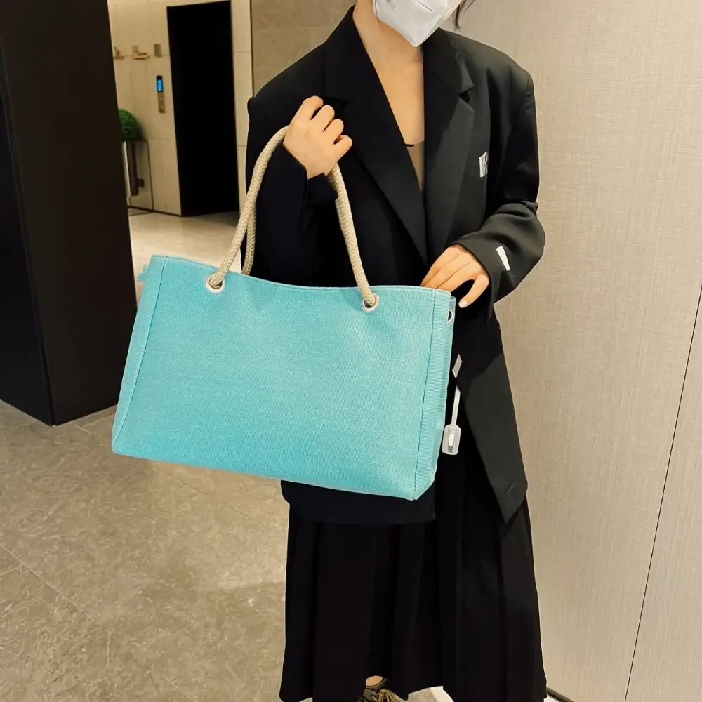 Trendy Large Capacity Solid Color Handbag Shoulder Bag Zipper Linen Tote Bag Beach Bag Ethnic Style Handba Cosmetic Bag