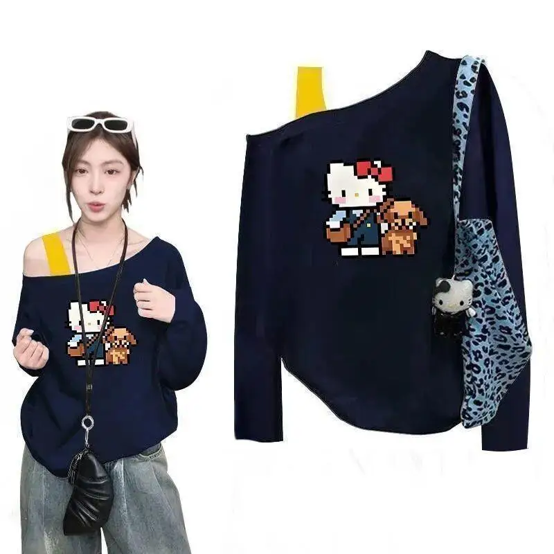 

Футболка с принтом Sanrio Kitty в стиле Y2K, с открытыми плечами, длинными рукавами, из хлопка, для женщин и студенток, осенняя модная свободная оверсайз-модель, трендовый топ на бретелях