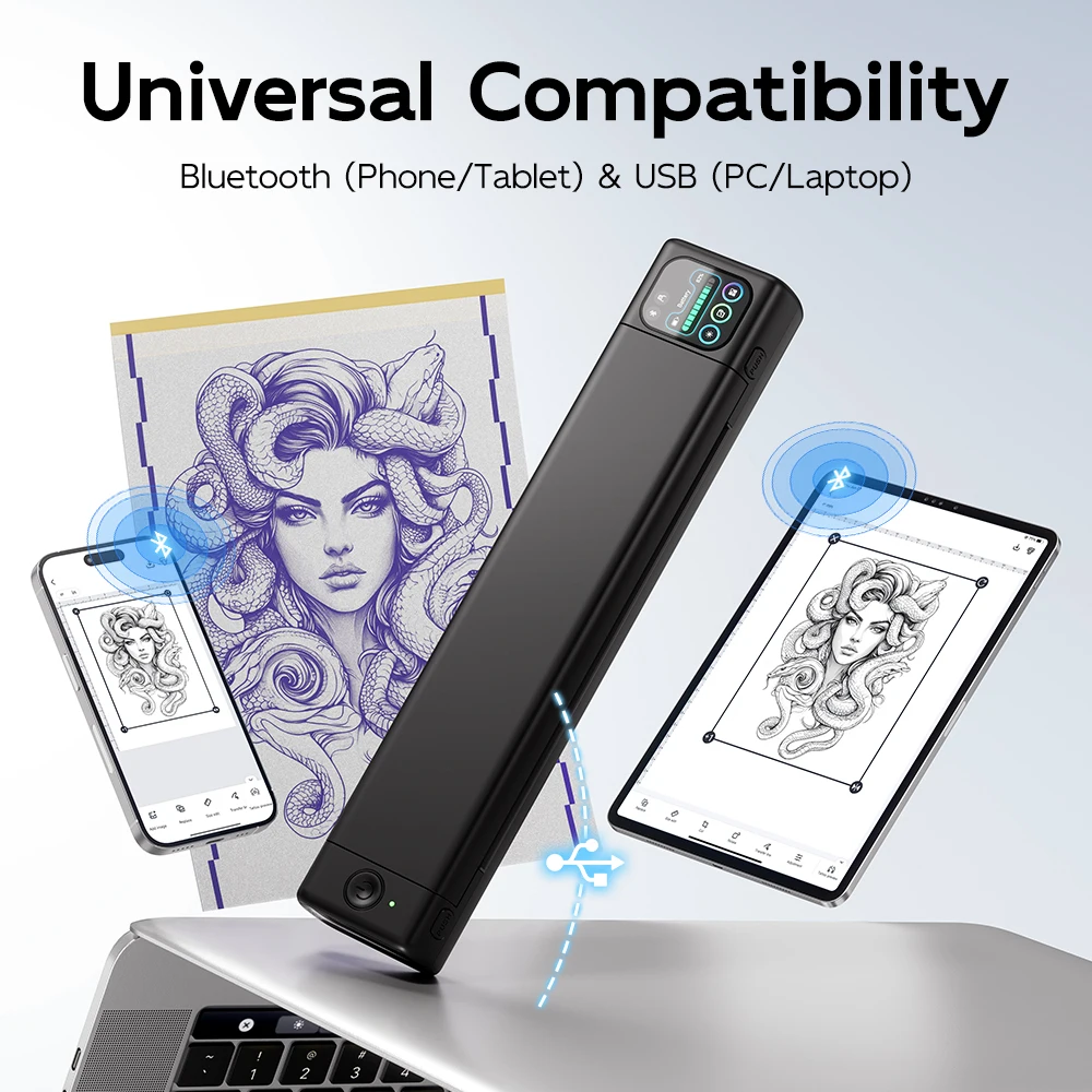 طابعة استنسل الوشم Phomemo M08F Plus مع شاشة تعمل باللمس، آلة طابعة الوشم بلوتوث مع 10 قطع من ورق نقل ممتاز #4