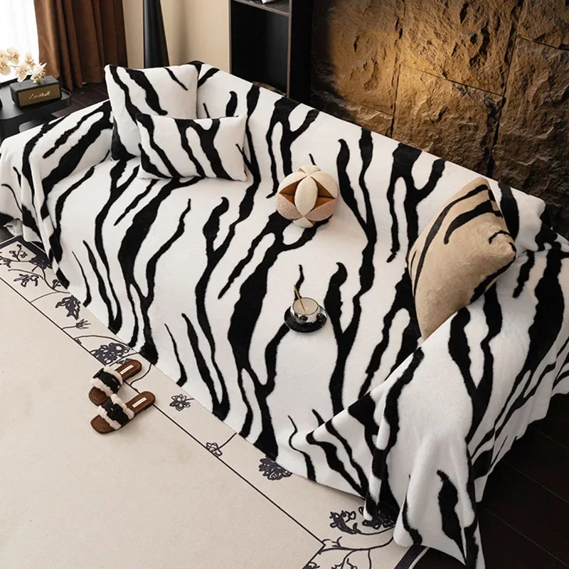 Faux Rabbit Velvet Zebra Patterned Sofa Towel Plush Warm Couch Slipcover for Autumn Winter Comfort Knee Blanket for Office Home