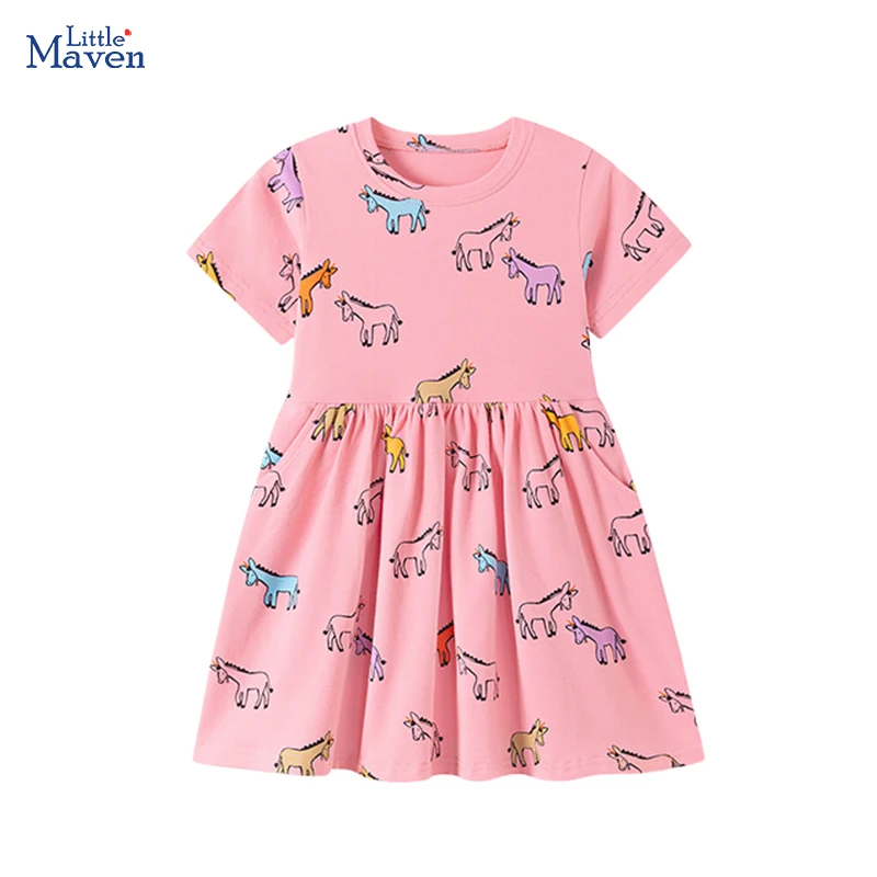 Little Maven Kinderkleidung 2026 Neue Sommer-Babykleidung für Mädchen Baumwolle Cartoon-Einhorn Freizeitkleider Geburtstagsgeschenke
