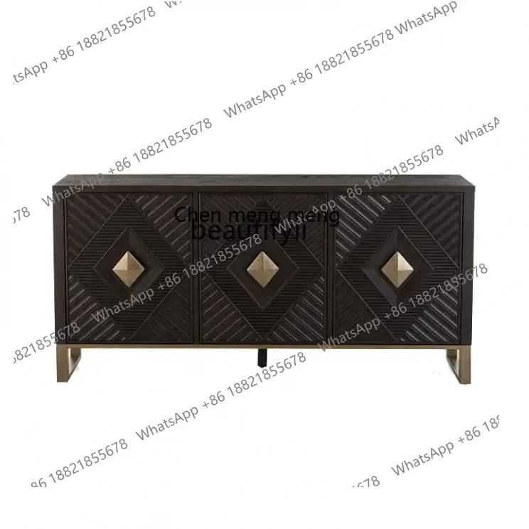 182Q American solid wood TV cabinet, three-door matte entrance cabinet, black rhombus carved art fashion dining side cabinet