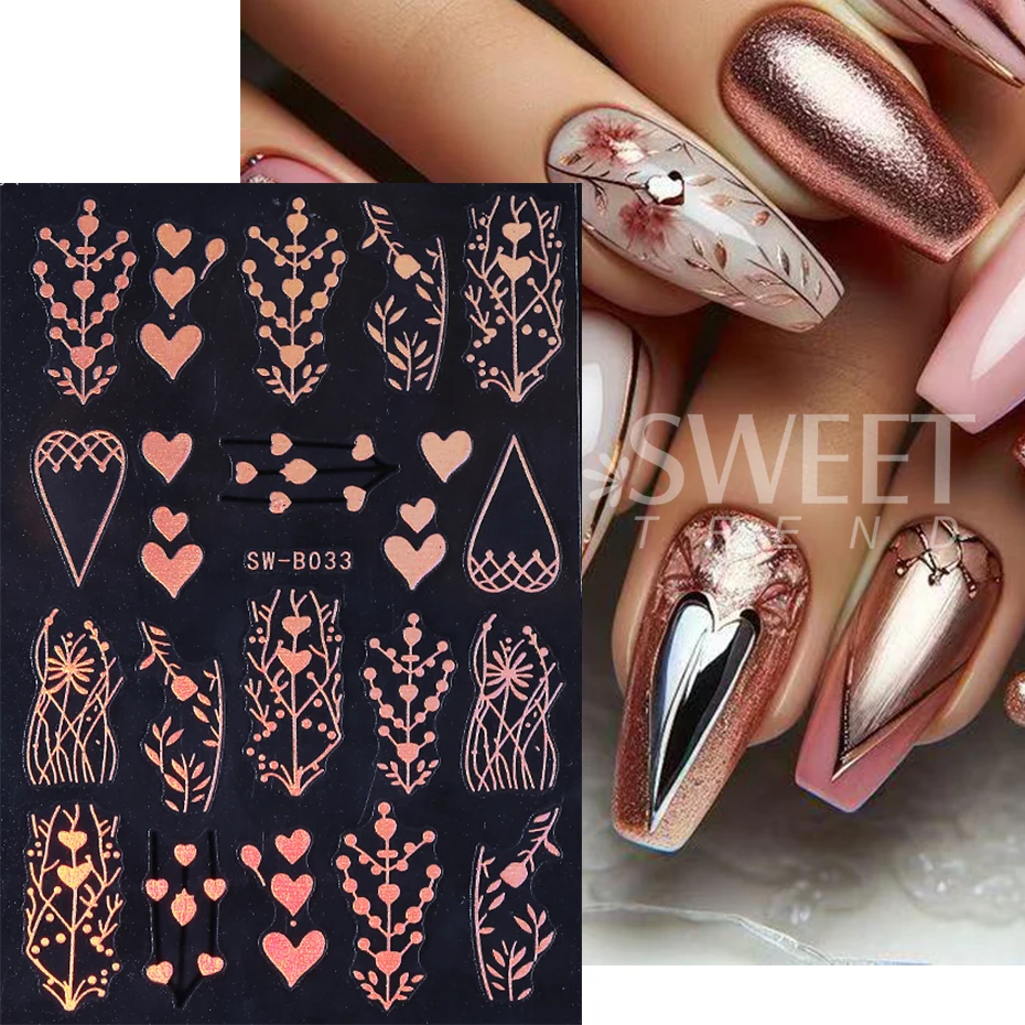 2 uds flores bronceadas pegatinas para decoración de uñas Metal de lujo pétalos de corazón dorados línea de vid geometría calcomanías para uñas decoración de manicura deslizador