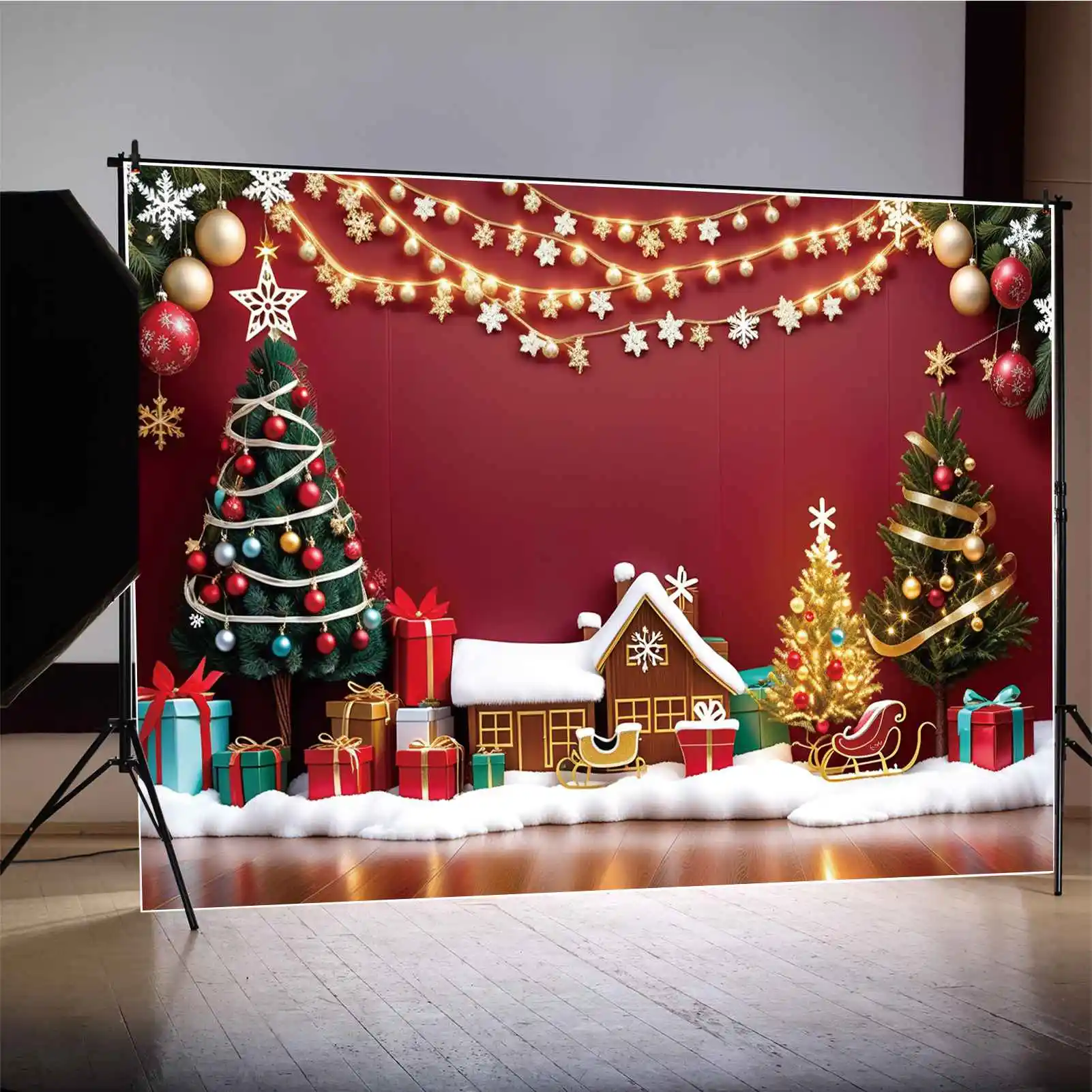 MOON.QG Backdrop Christmas Village Ornament Tree Photo Background Novelty Party Decoration Red Wall Wood Floor Photography Props