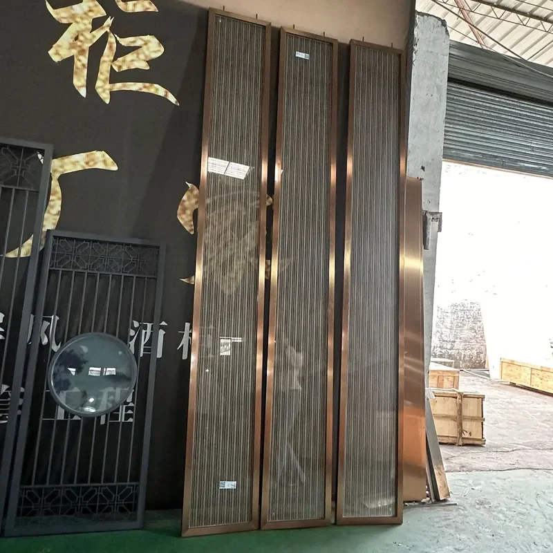 Modern Simple Rose Gold Brushed Metal Wire Glass Partition Screen for Living Room Entrance Stainless Steel Art Divider Decor